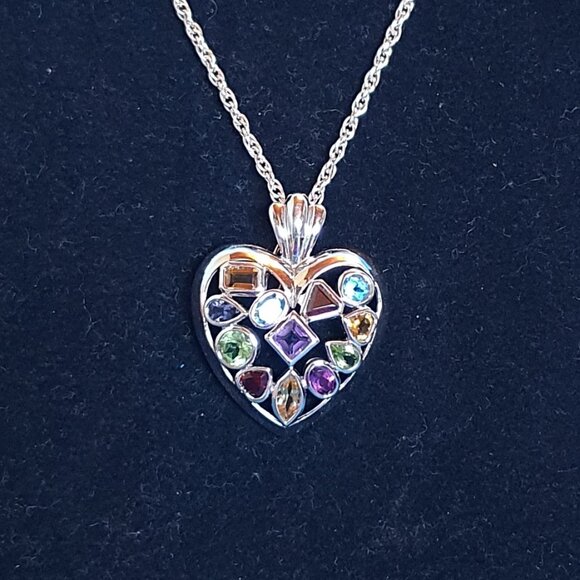 Vintage High Quality Sterling Silver Natural Multi-Gem Heart Pendant Necklace - Picture 3 of 13
